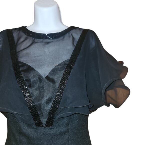 vntg 80s Climax Karen Okada Black dress "V" Shear Top Sz 10 Ruffles And Flare - Picture 2 of 4